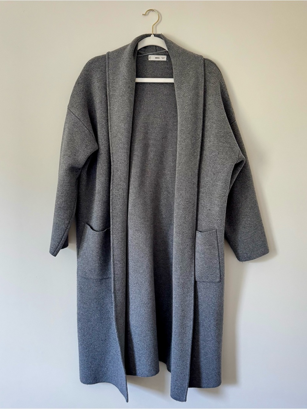 Mango Oversized Knitted Long Line Coat Cardigan w/ Pockets, Grey – Size Large